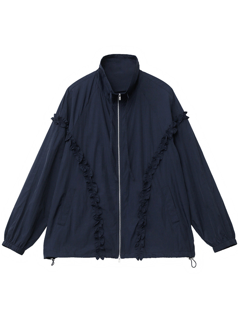 Navy zip-up lightweight jacket with ruffle trim on a white background