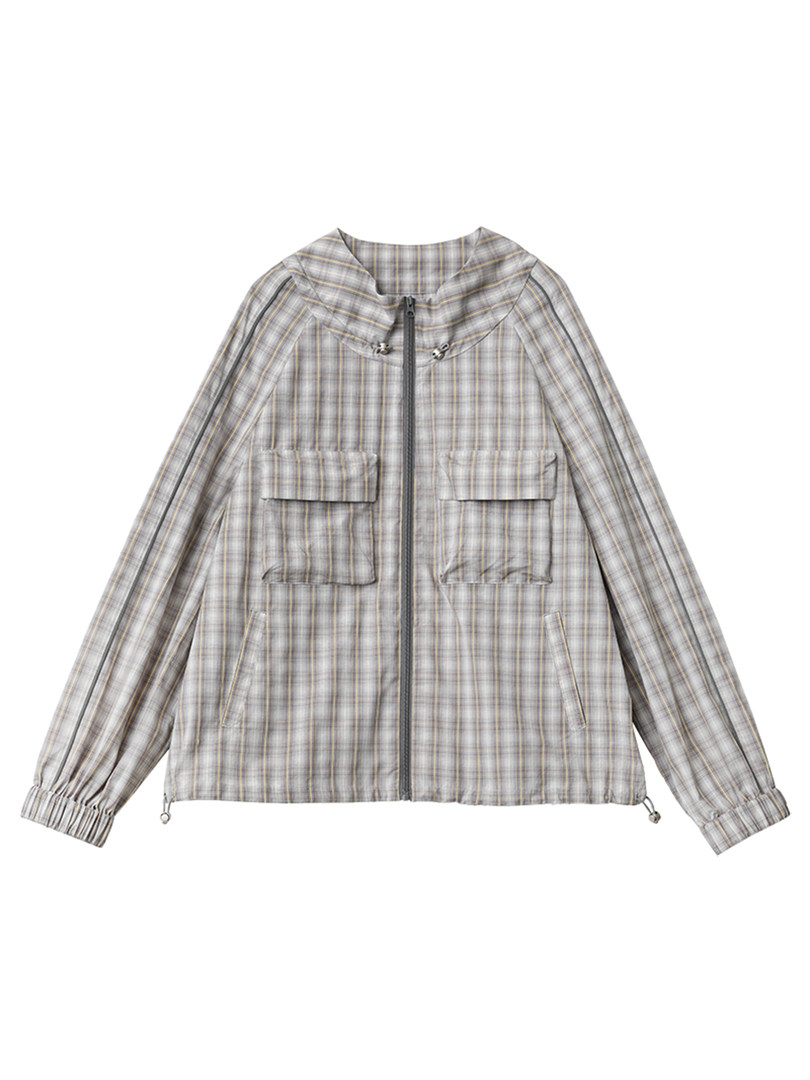 Plaid zip-up jacket with multiple pockets on a white background