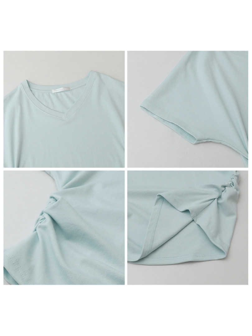 Light blue short-sleeve V-neck top shown in detail close-ups