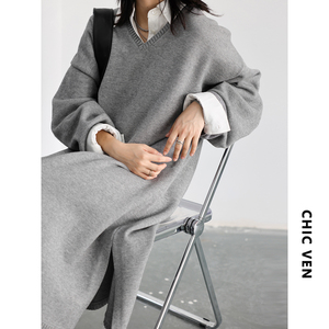 CHICVEN「情绪疗愈」韩版休闲V领开衩套头针织连衣裙叠穿长款毛衣