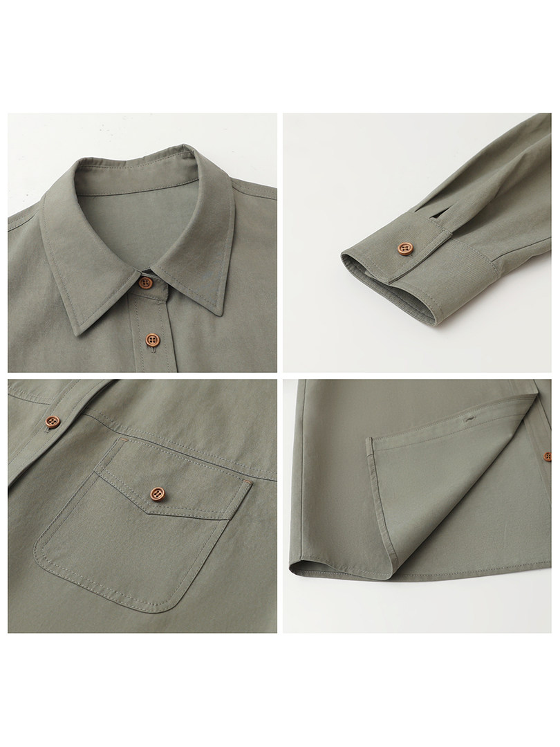 Olive green long-sleeve button-up shirt with collar and chest pocket