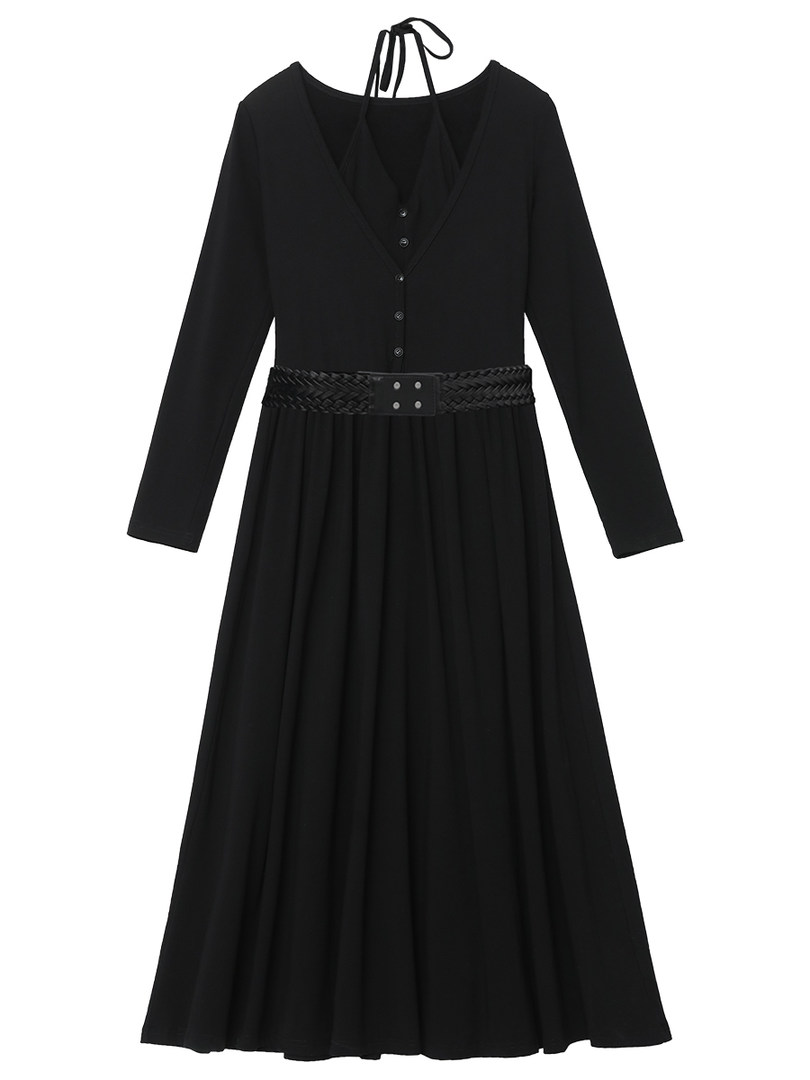 Black long-sleeve belted dress on a white background