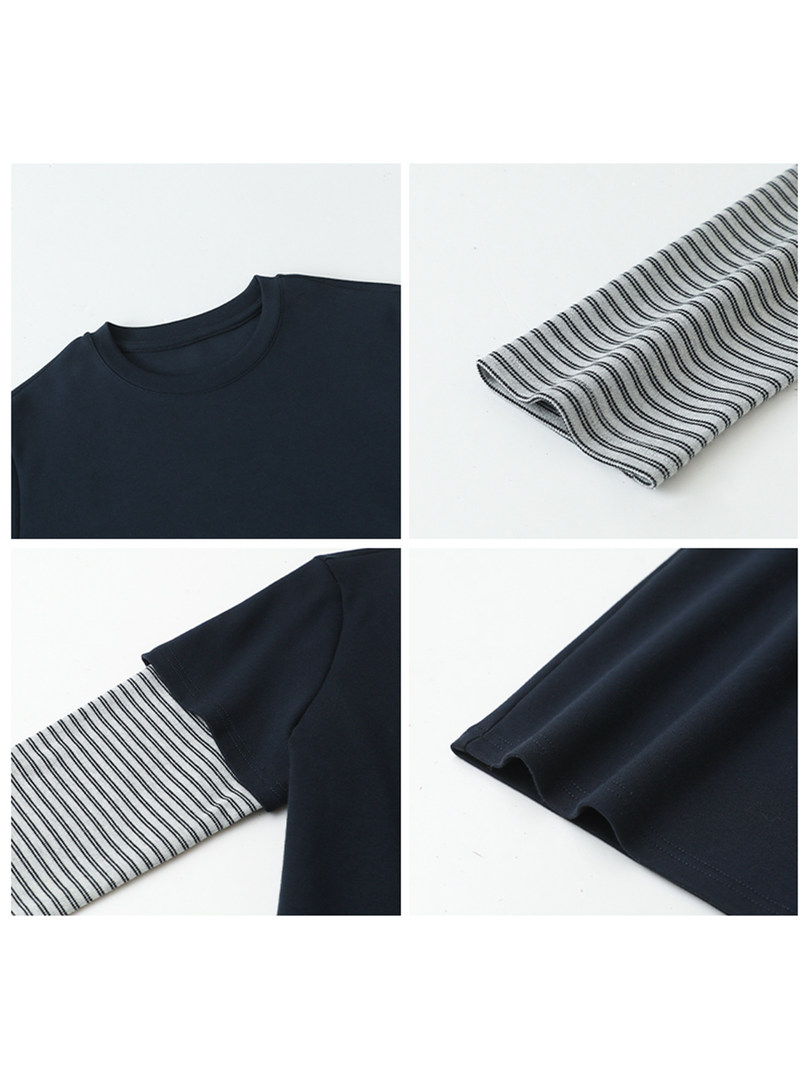 Flat-lay collage of a navy long-sleeve shirt with striped sleeves