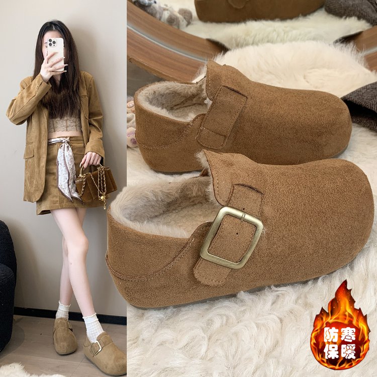 两穿加绒冬季勃肯鞋女厚底2025新款内增高全包真皮一脚蹬勃肯女鞋