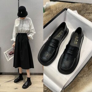 黑色小皮鞋女英伦2023夏秋新款复古平底一脚蹬单鞋乐福鞋真皮女鞋
