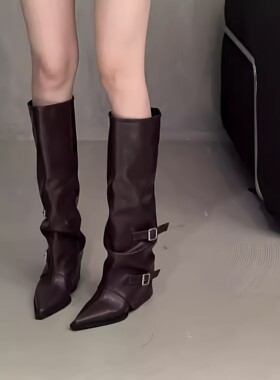 高级感长筒靴尖头直筒靴女