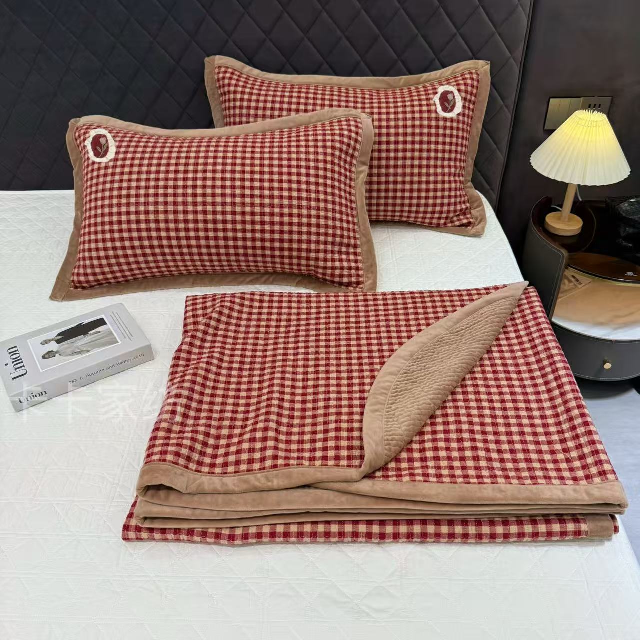 田园小花·全棉色织格子床盖三件套加绒双面可用高克重