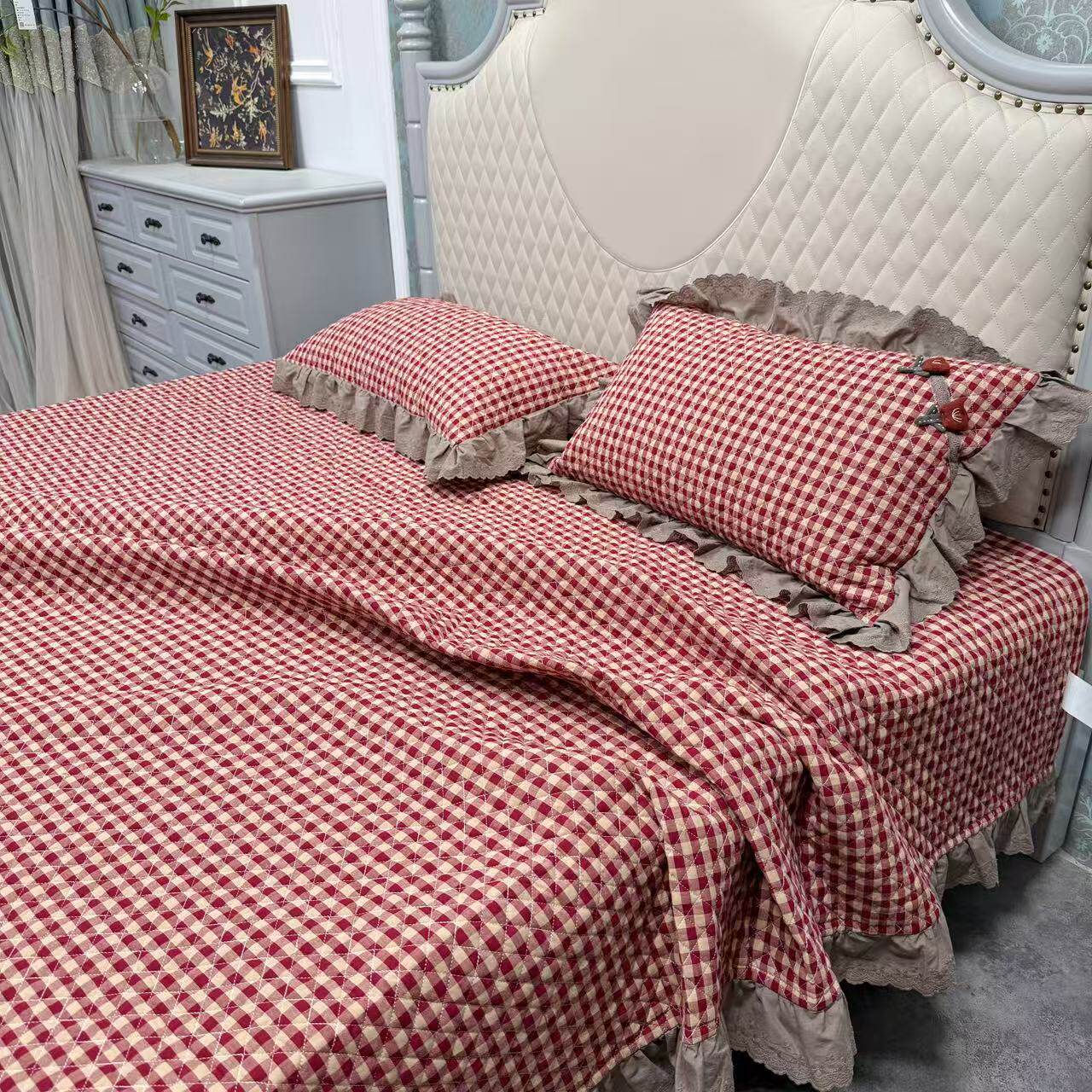 布拉格·韩式纯棉色织格子花边床单床盖三件套