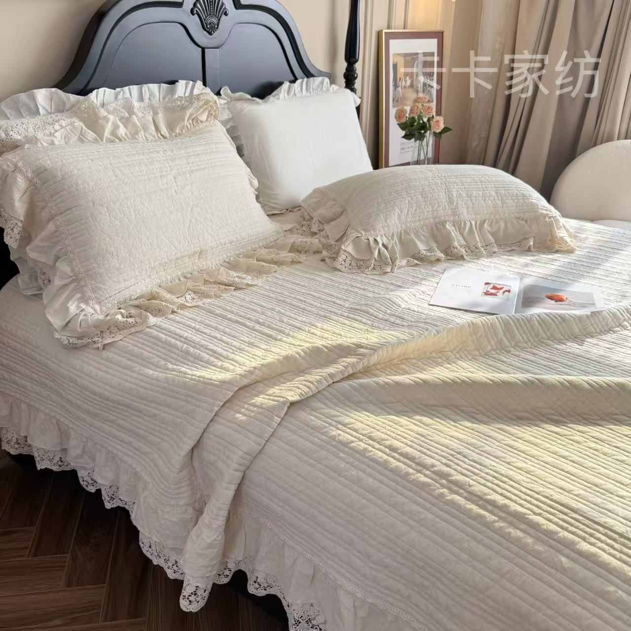 棉与麻·法式小众复古亚麻全棉棉麻重工蕾丝花边床盖三件套