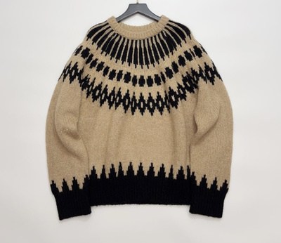 断码特价！小众复古费尔岛提花羊驼毛混纺圆领套头毛衣针织女士