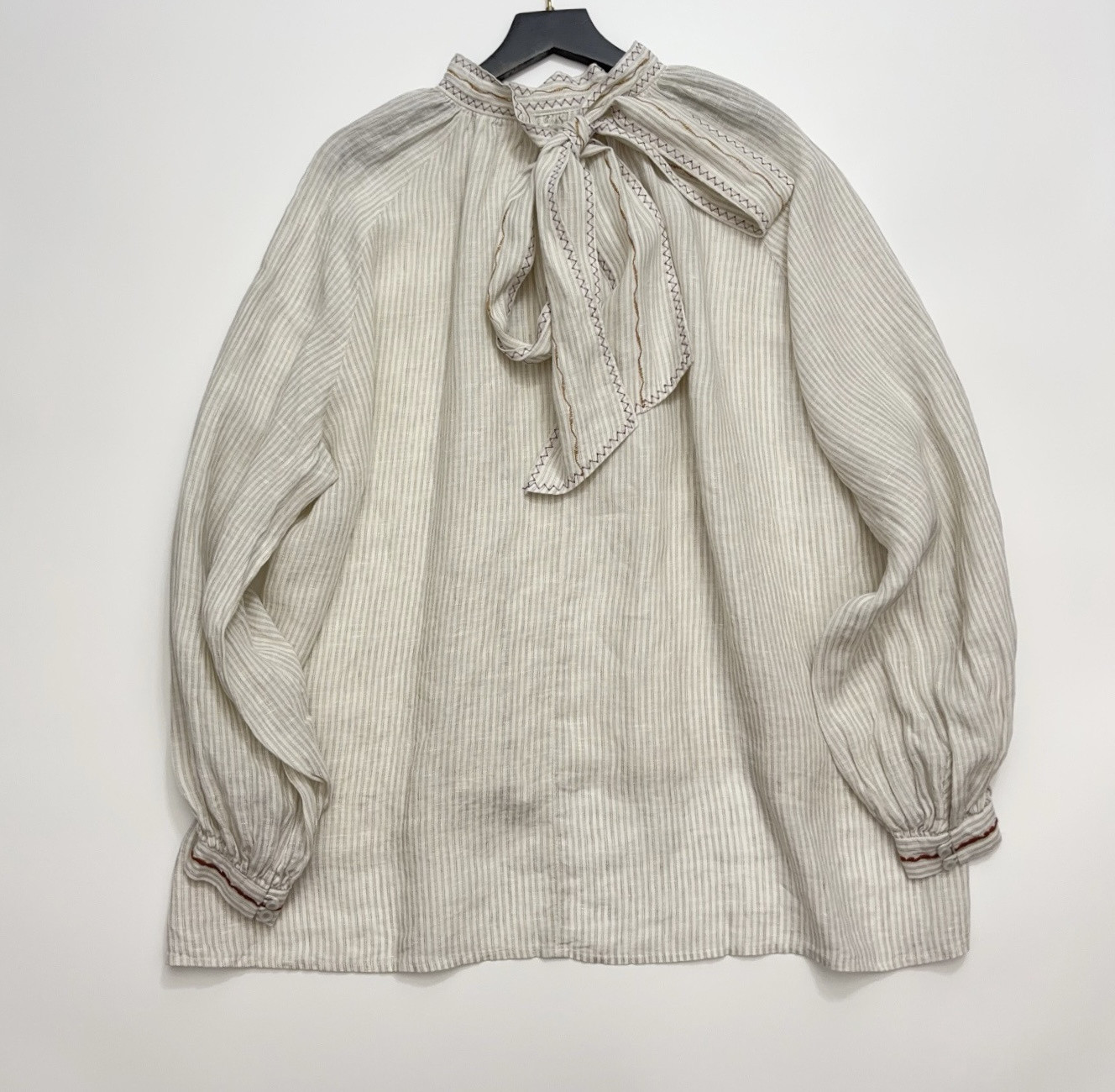 26早春新款 法式设计感重工特种刺绣亚麻条纹飘带领宽松衬衫女,女装/女士精品,衬衫,淘宝优惠券,粉丝福利购,淘宝优惠卷