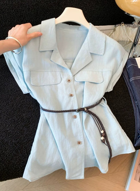 法式高级感遮肚显瘦短袖衬衫女夏新款修身收腰衬衣短袖上衣A11850