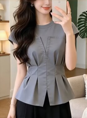 夏2026新款设计感拼接短袖衬衫女时尚百搭洋气收腰短袖上衣A11652