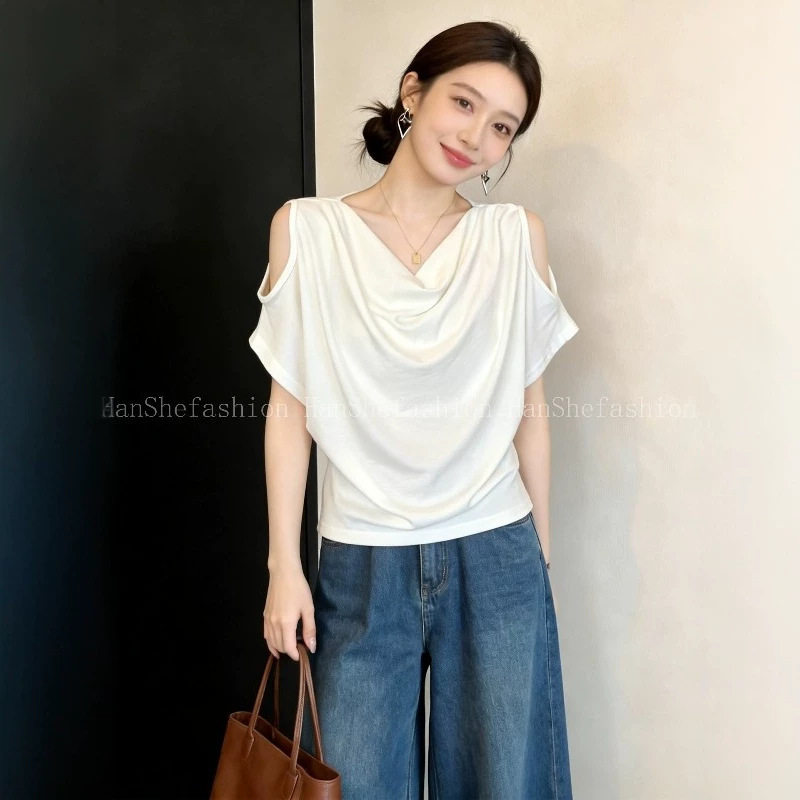 2026夏季新款美式露肩荡领宽松遮肉短袖蝙蝠衫白色上衣t恤女11825
