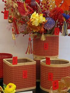 中国风喜福篮新年福桶装饰鲜花年宵花手提花篮喜庆红花盒花艺资材