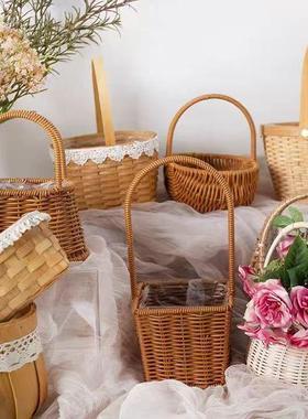 田园系列木片手拎插花花篮木质手提篮子礼品收纳储物篮手办篮1ABQ