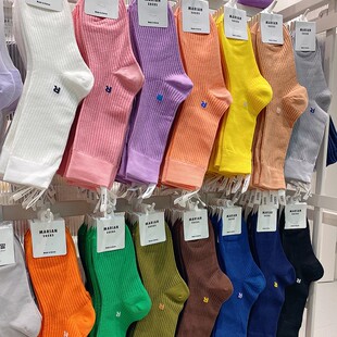 韩国东大门正品R标签字母袜子女春夏糖果色网红款布标纯色堆堆袜