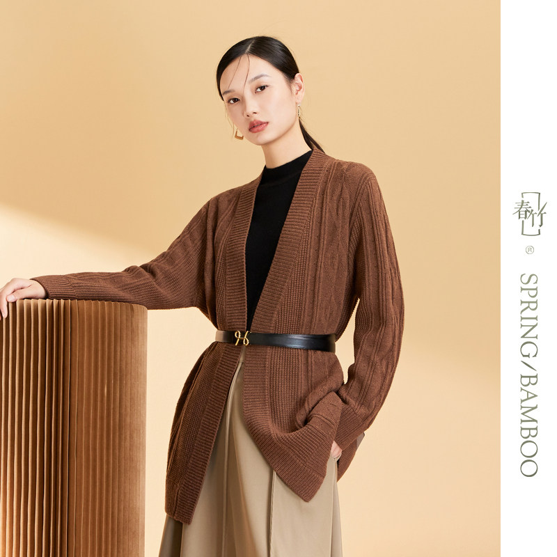 春竹/秋冬新款V领宽松慵懒风中长款针织开衫外套毛衣-WSC231046