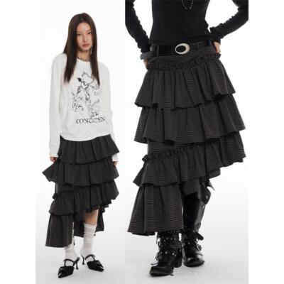 轻新覆古格纹裙蛋糕长裙