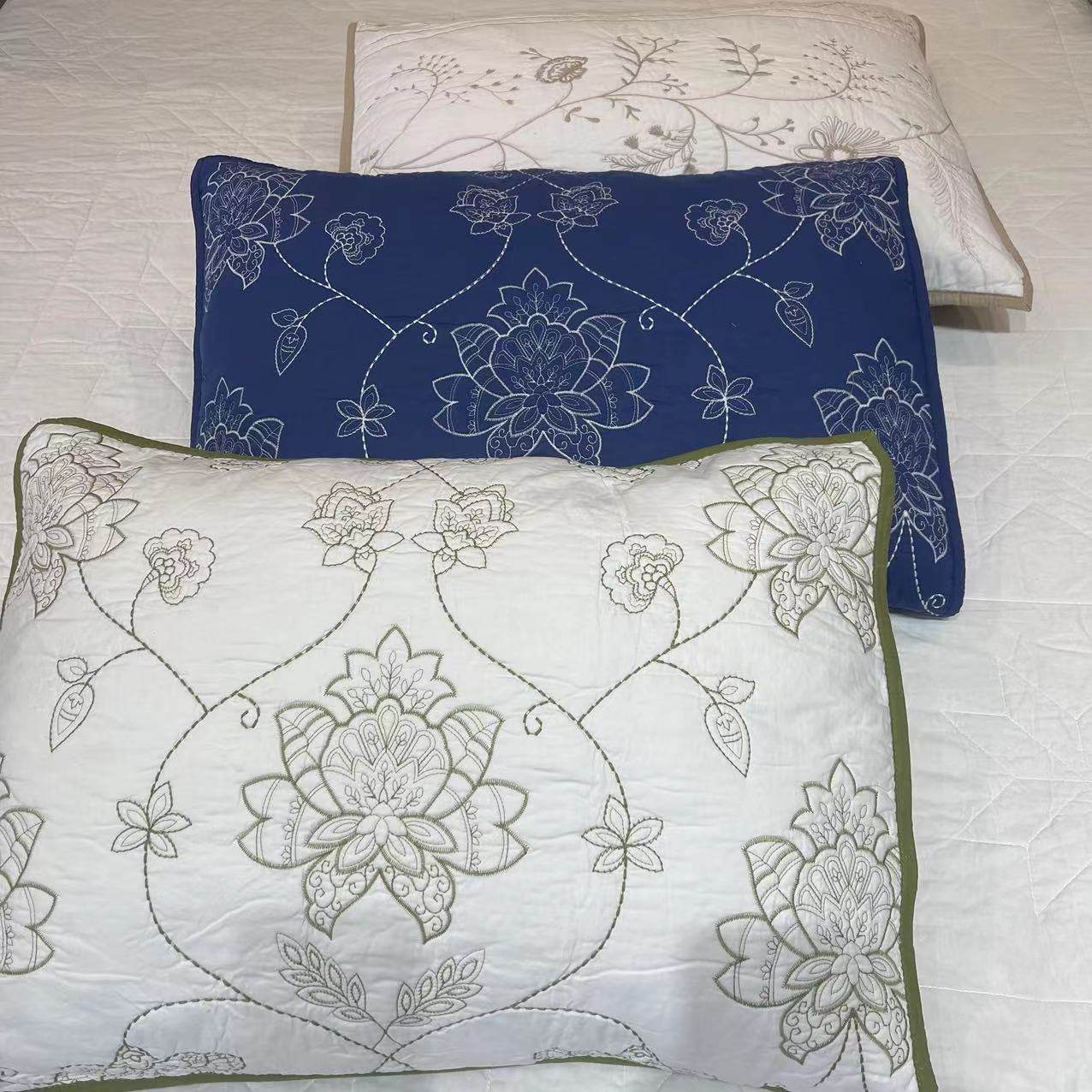 全棉刺绣绗缝成人枕套，柔软亲肤