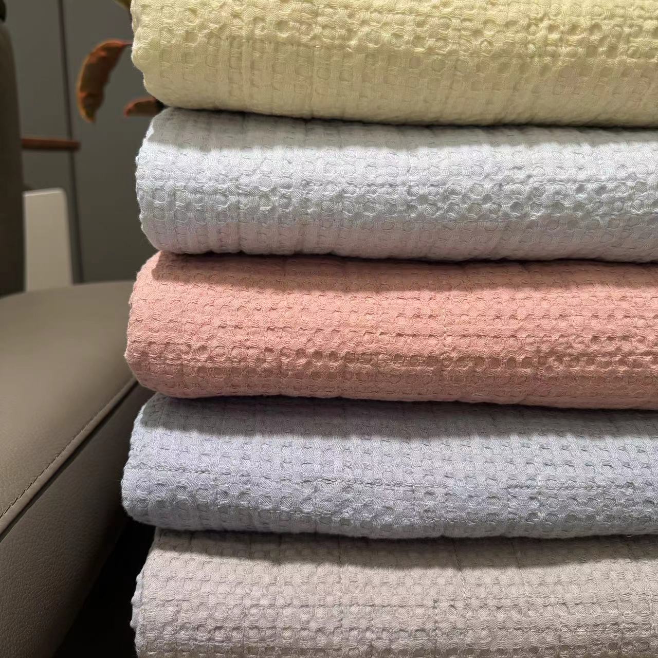 bi入！！性价比高！外贸纯棉华夫格床盖三件套 柔软亲肤马卡龙色