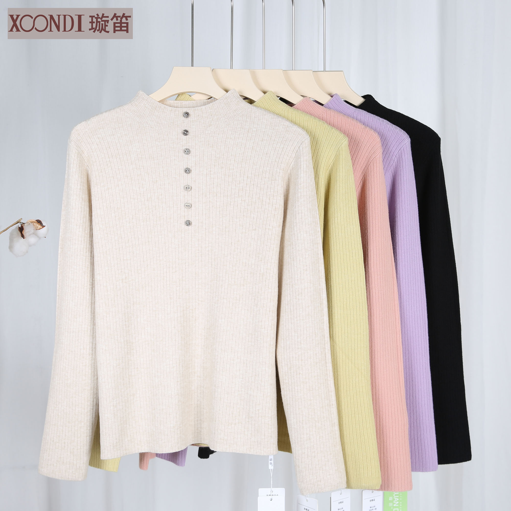 璇笛女士春秋毛衫半高领纽扣套头毛衣修身显瘦针织打底衫上衣060