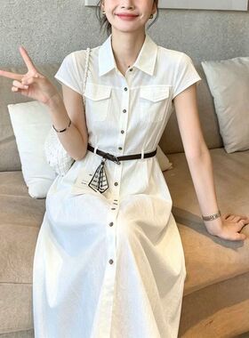 26春夏白色绝美气质高级感棉通勤收腰显瘦蓝色衬衫连衣裙29190