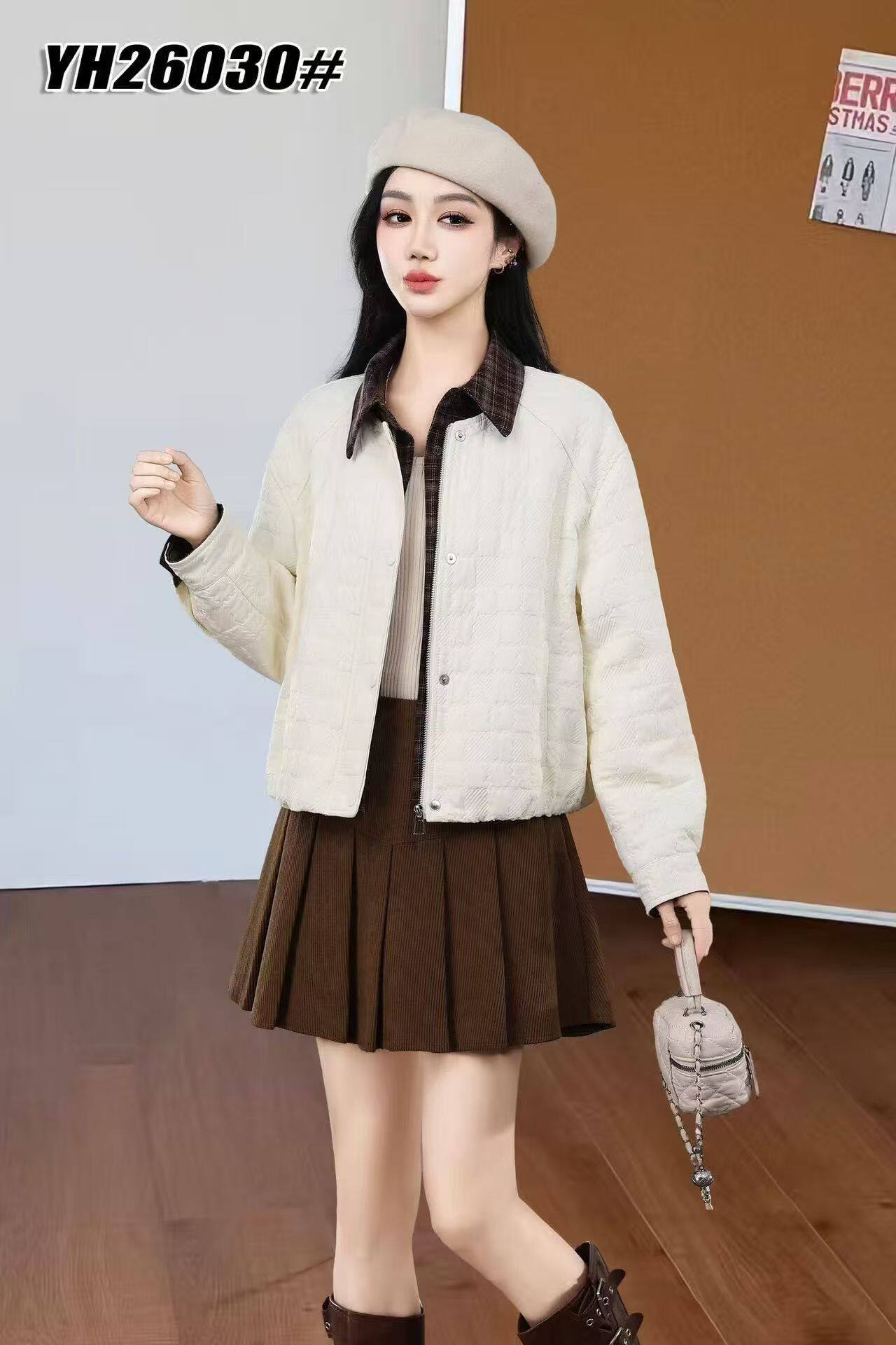 复古风菱格纹假两件棉服女短款格子翻领加厚外套休闲宽松轻薄棉衣