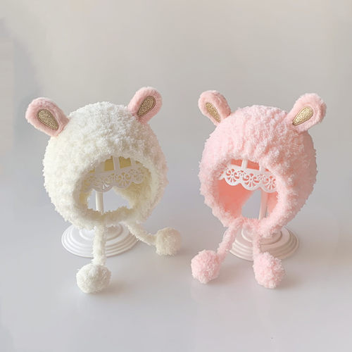 珊瑚绒毛绒帽手工编织宝宝帽子