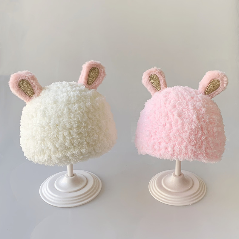 婴幼儿帽子冬季加厚防寒保暖小兔子耳朵0-3-6个月可爱绒绒护耳帽