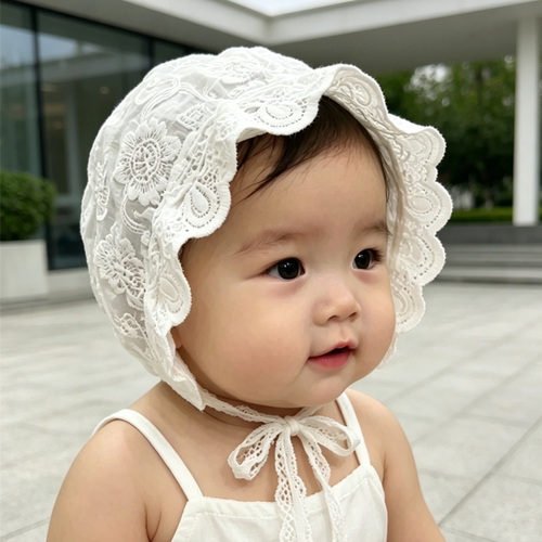 夏季新生婴儿女宝宝蕾丝公主薄款透气遮阳宫廷帽小月龄0-3-6个月