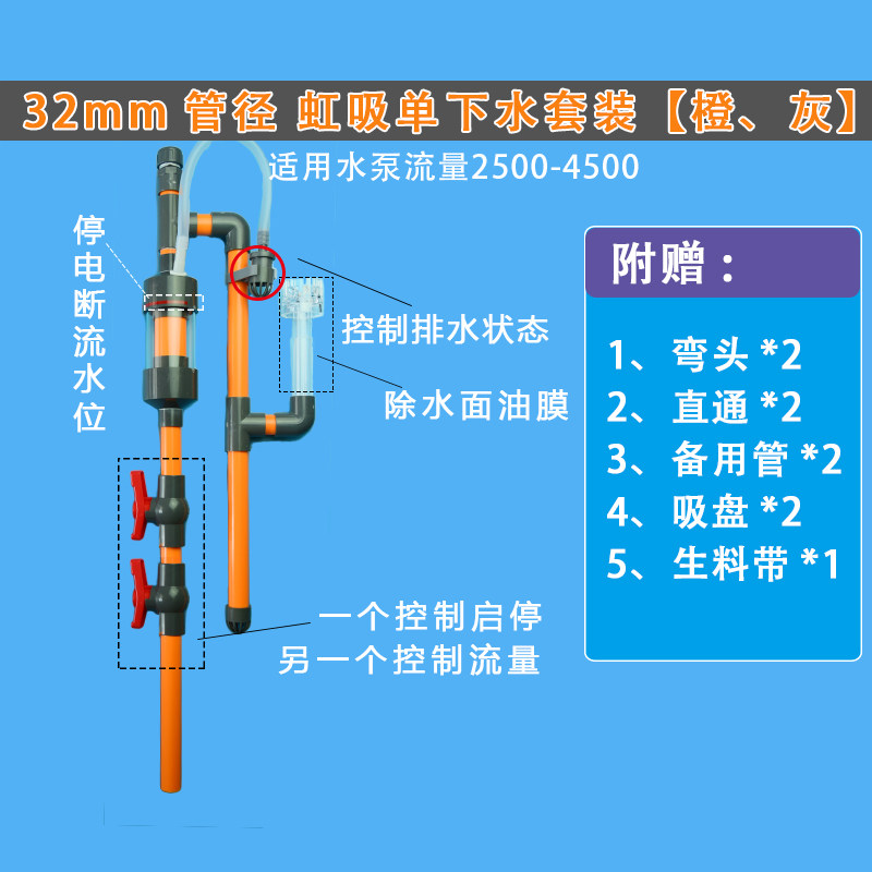 鱼缸排水免打孔虹吸管过滤器底滤电停自停养鱼水面除油膜花篮周转