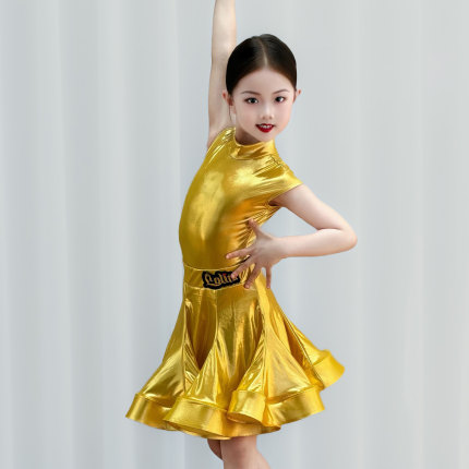 2026高端款亮面无袖女童高领包肩袖分体拉丁舞比赛练功表演服套装