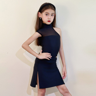 春夏女童拉丁舞练功服不规则亲肤网纱上衣半裙训练服专业舞蹈套装