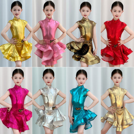 夏季少儿拉丁网红亮皮烫金规定表演服儿童高端拉丁舞比赛服演出服