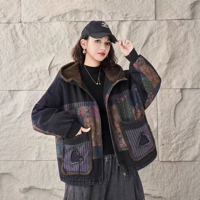 25牛仔棉衣外套女宽松休闲韩版连帽加绒加厚保暖棉袄印花补丁外套