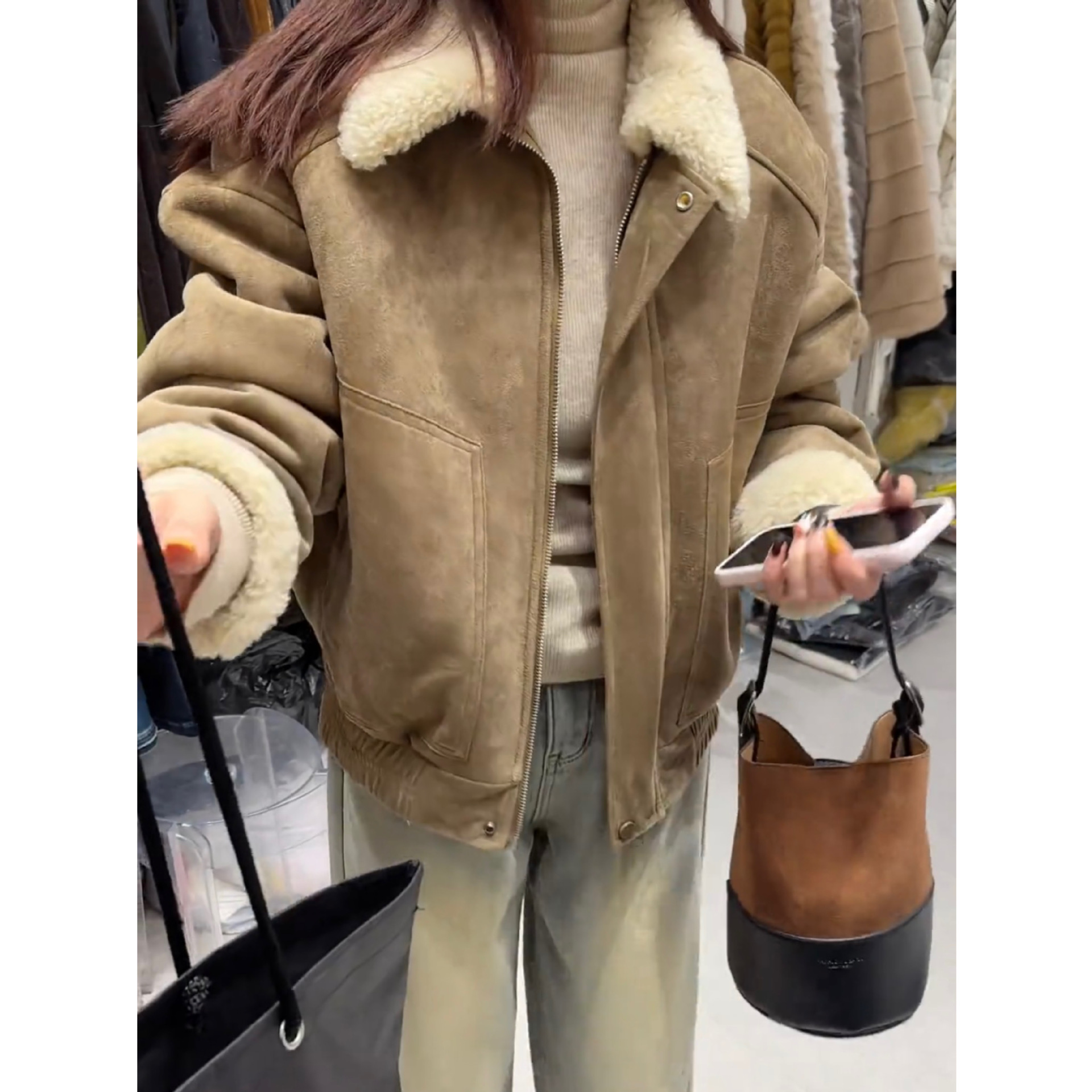 老钱废土风翻领加厚麂皮绒短外套冬季新款小个子皮毛一体保暖上衣