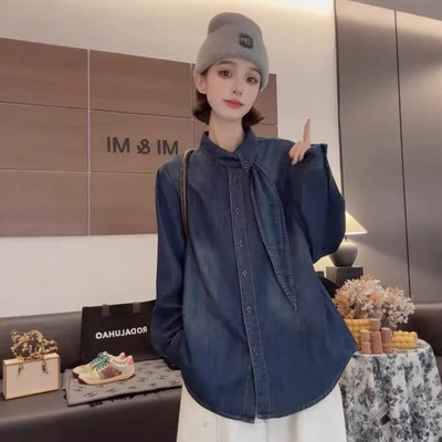 26年春款牛仔衬衫长袖女宽松休闲韩版学院风飘带翻领衬衣新款韩版