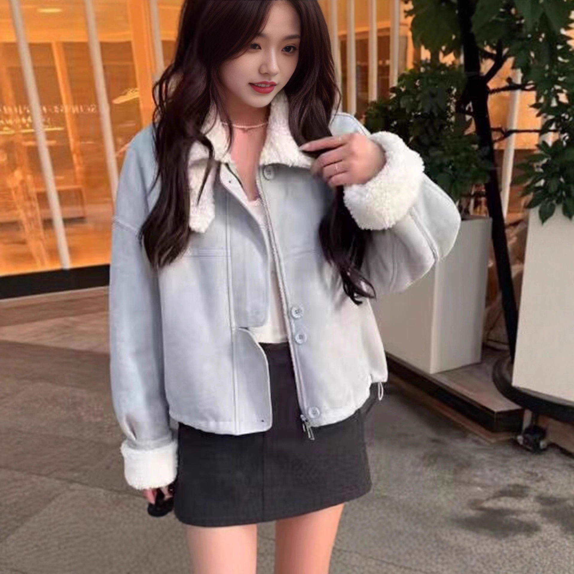 加绒加厚皮毛一体外套女2025冬季新款短款翻领显瘦机车服夹克上衣