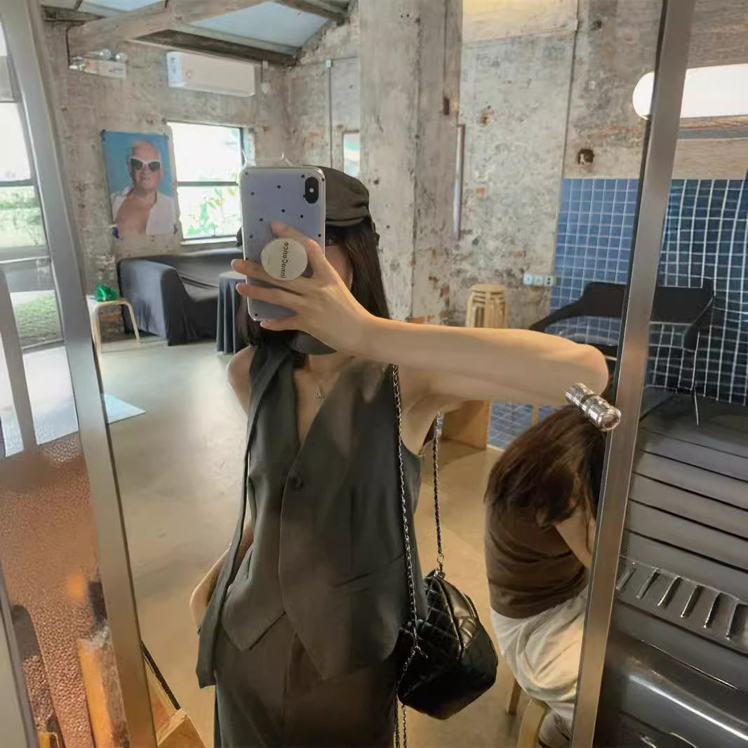 气质复古西装套装无袖灰色马甲背心女夏季开叉半身裙感两件套