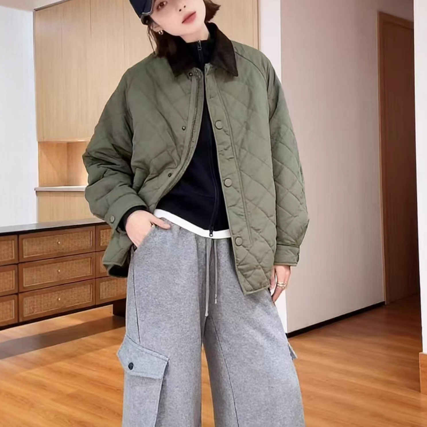韩版灯芯绒菱格翻领棉服外套女2025秋冬新款宽松休闲百搭长袖