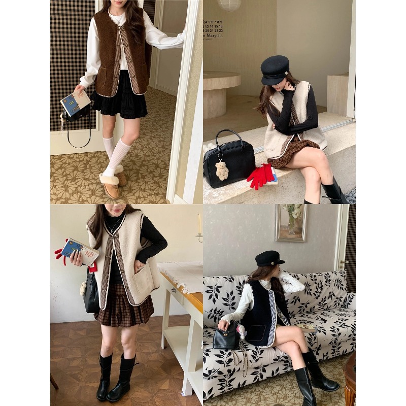 3th morning 叠穿 撞色拼接仿羊羔毛宽松马甲背心zy3564