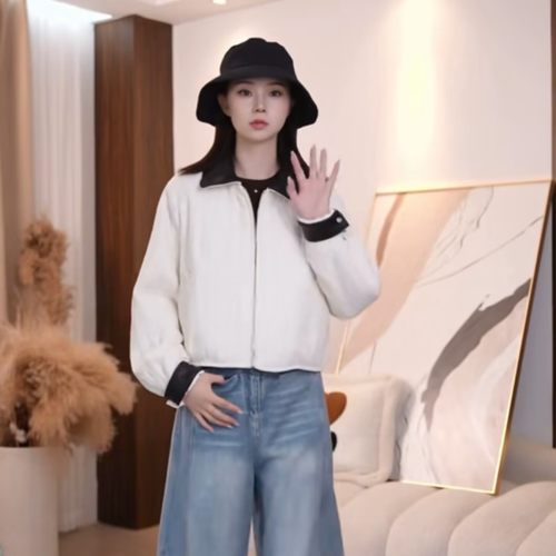 2025秋冬欧洲站轻奢百搭撞色拼皮翻领夹薄棉通勤宽松夹克棉服外套