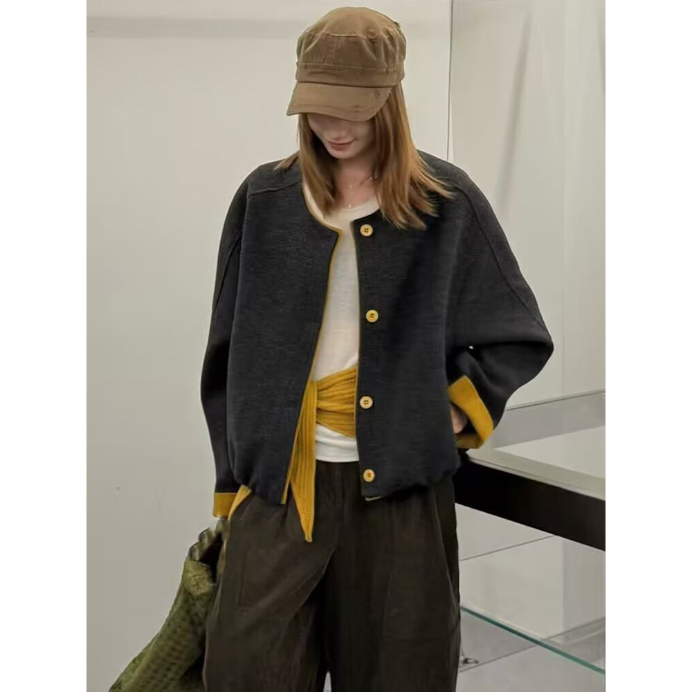 韩系撞色小香风毛呢圆领短外套女2025秋冬新款宽松显瘦百搭上衣潮