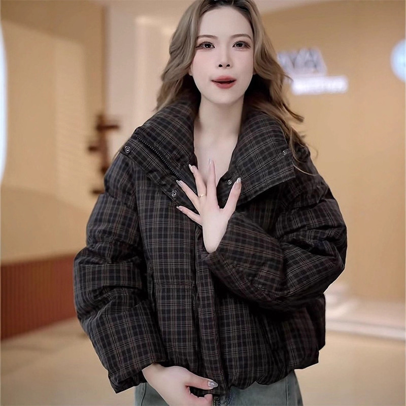 复古格子立领短款棉服外套女2025冬季新款韩版加厚保暖小个子棉衣