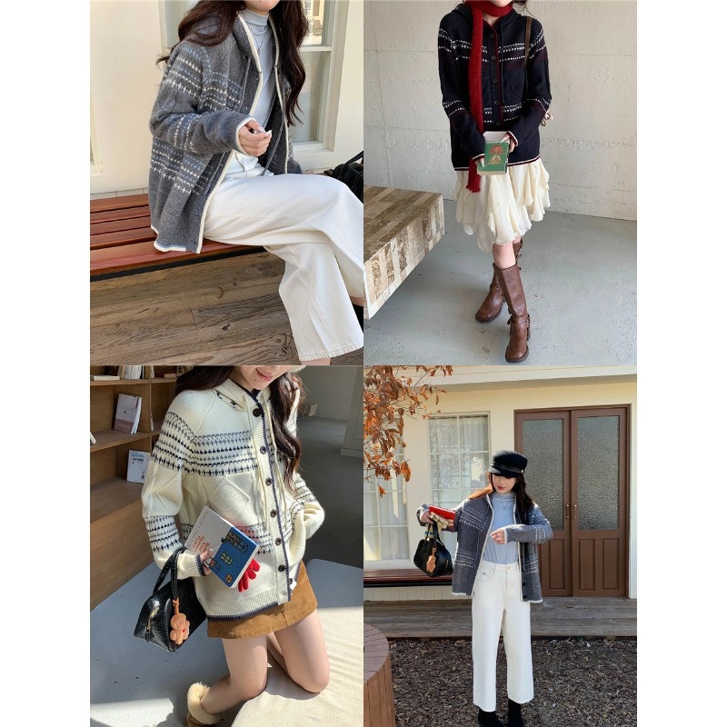 3th Morning 复古费尔岛 氛围感提花连帽针织开衫外套ZY3522