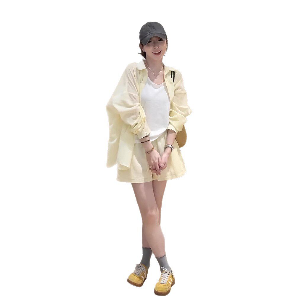 小个子穿搭夏装搭配一整套休闲时尚防晒衬衫短裤三件套装夏季女装