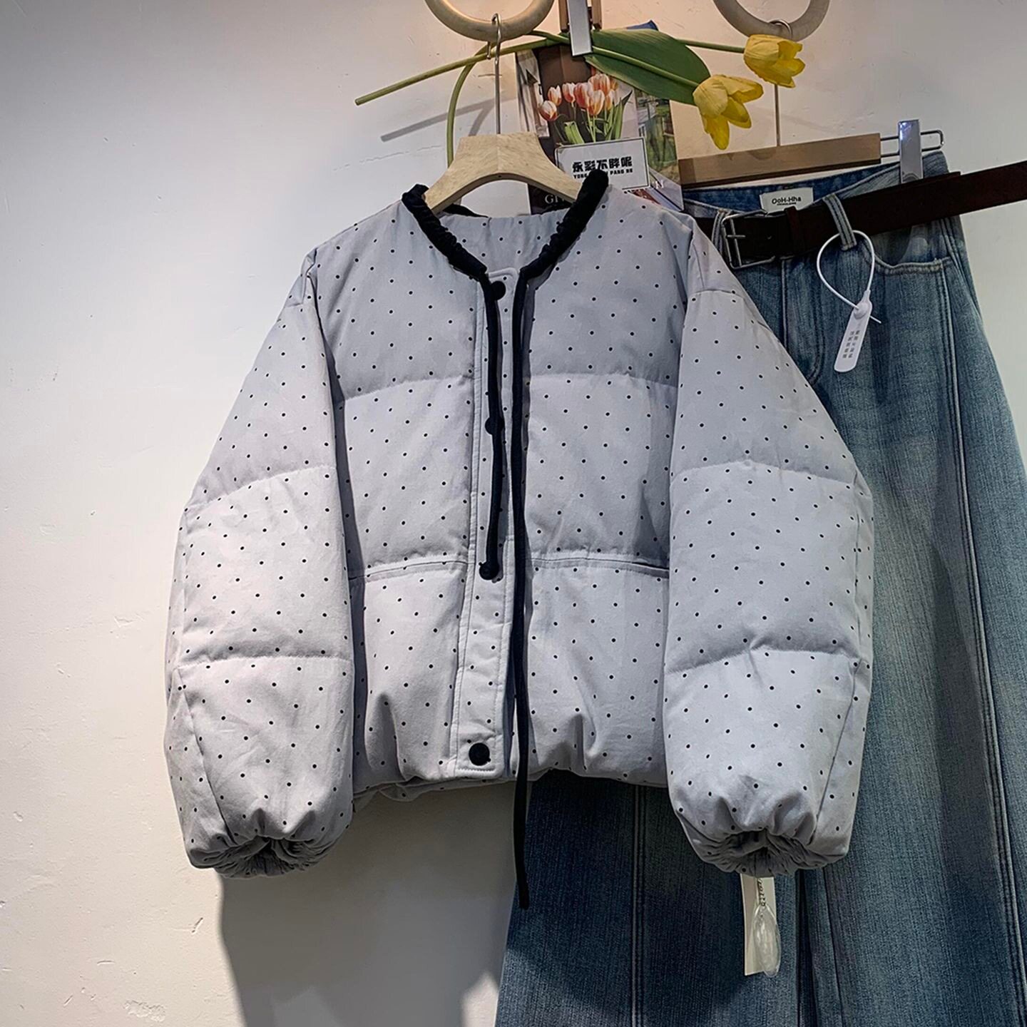 韩系小香风棉服女装2026年冬季新款宽松显瘦蝴蝶结圆点面包服外套