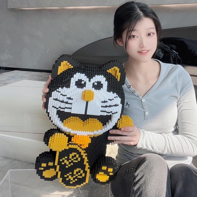 国潮风黑金招财猫哆啦A梦积木