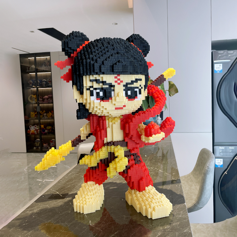 嗨彩拼哪吒积木国潮正版48cm高难度收藏摆件男生女孩潮玩桌面装饰